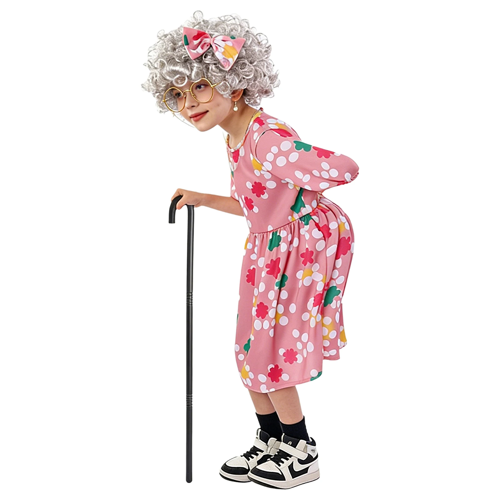 Old Lady Costume for Girls Kids School Party Granny Cosplay Dress Up Grandma Printed Dress with Fake Wig Glasses Stage Outfits