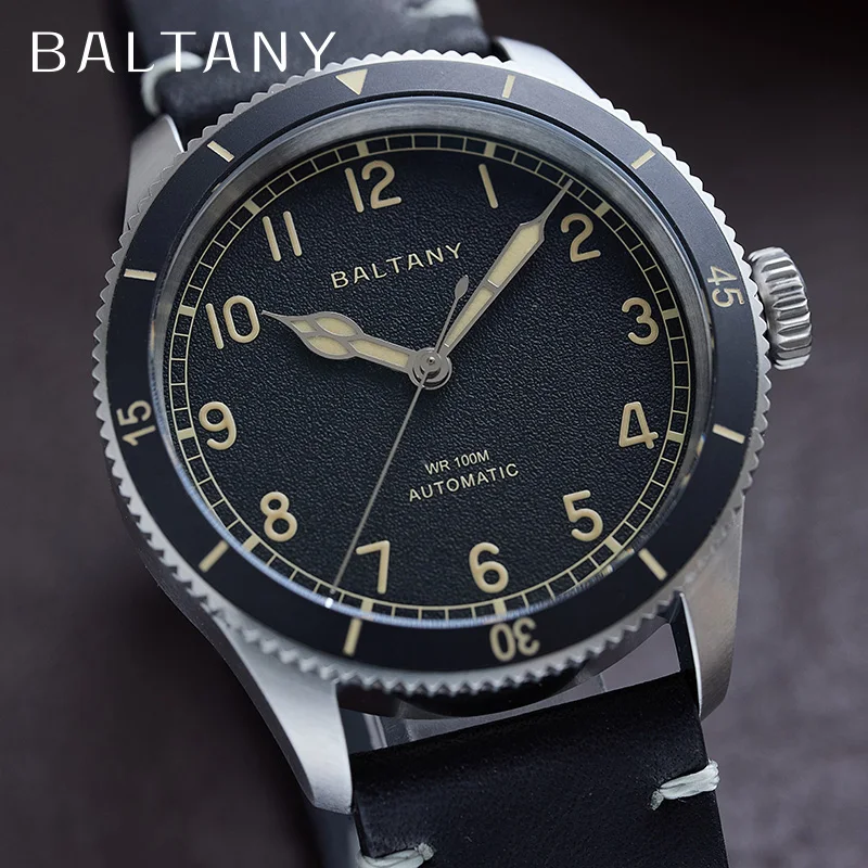 Baltany S2076 38mm Mens Automatic Khaki Pilot Watch Retro Military Aviation Flight Glowing Ceramic Bezel Leather Everyday Wear