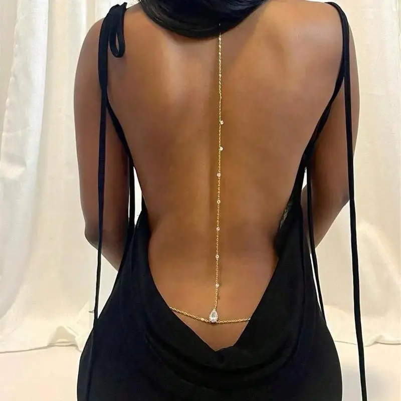 Gold Teardrop Zircon Back Chain Necklace Trendy Sexy Body Jewelry for Anniversary Party Gown Match