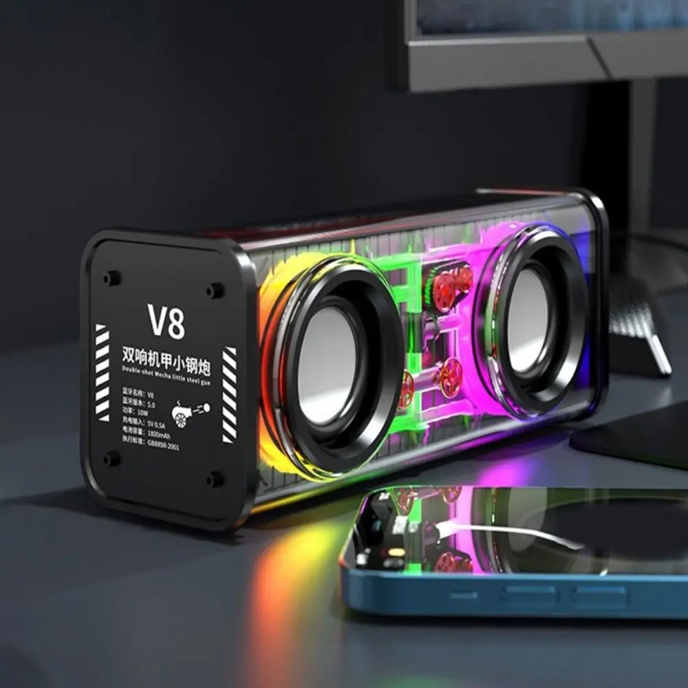 

Bluetooth 5.0 V8 Transparent Mecha Speakers Double Bass Diaphragm TWS Stereo Wireless Double Bass RGB Light 1800mAh Battery