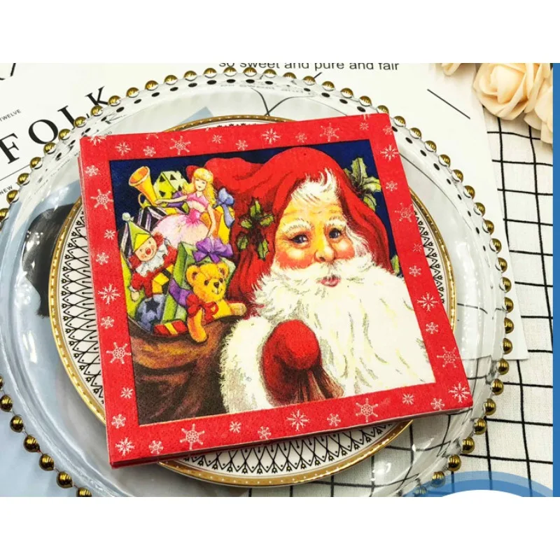 Wholesale Customizable Santa Claus Colorful Printed Napkins Christmas Celebration Party Paper Napkins Mouth Cloth Folding Flower