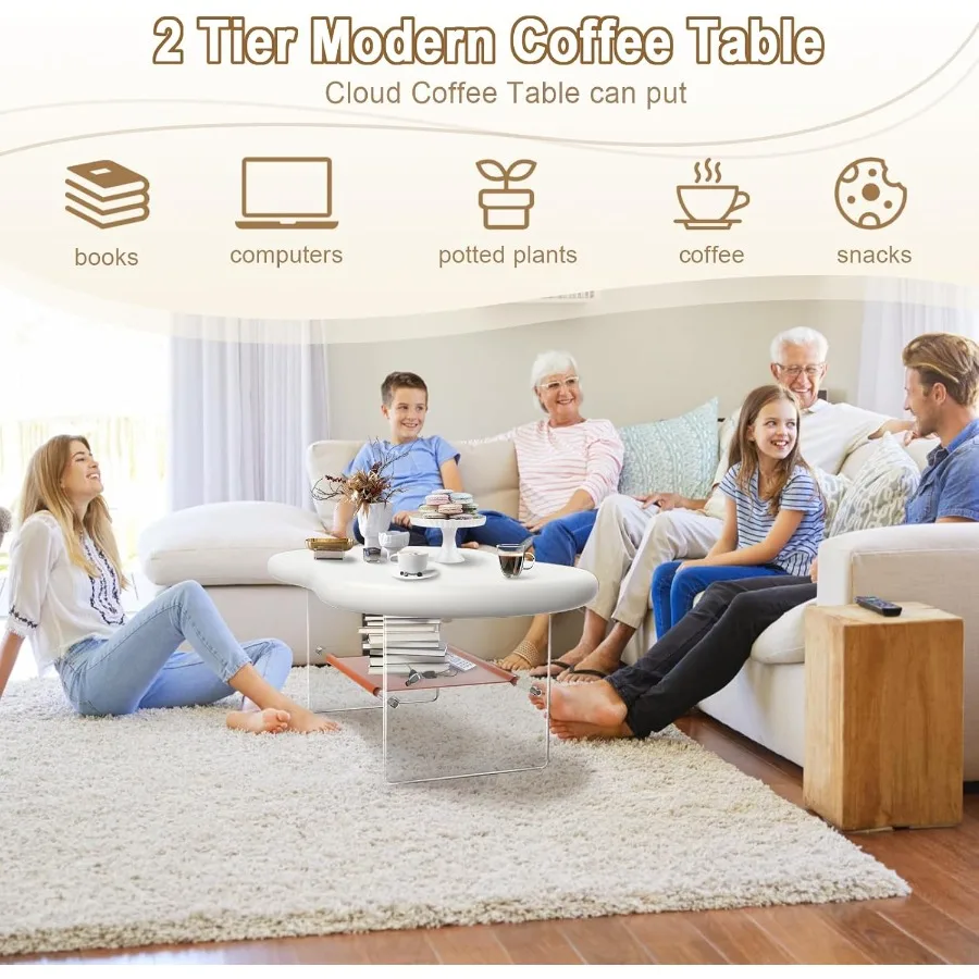 โต๊ะกาแฟทรงคลาวด์ โต๊ะกาแฟทันสมัยสำหรับห้องนั่งเล่น โต๊ะข้างสีครีมขาวทรงแปลกตา โต๊ะข้างน่ารักสีขาวพร้อมขาอะคริลิค