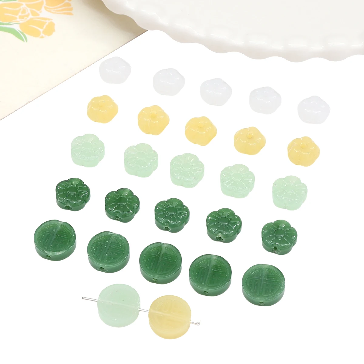 10pcs Glass Imitation Jade Beads Flat Pumpkin Copper Coin Fu Brand Plum Blossom Beads DIY Necklace Bracelet Clothing Accessories
