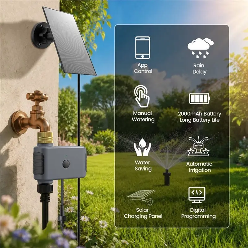 ABMH-Wifi Water Timer With Solar Panel 1 Zone Hose Timer App Controlled Intelligent Sprinkler Automatic Drip Irrigation Function