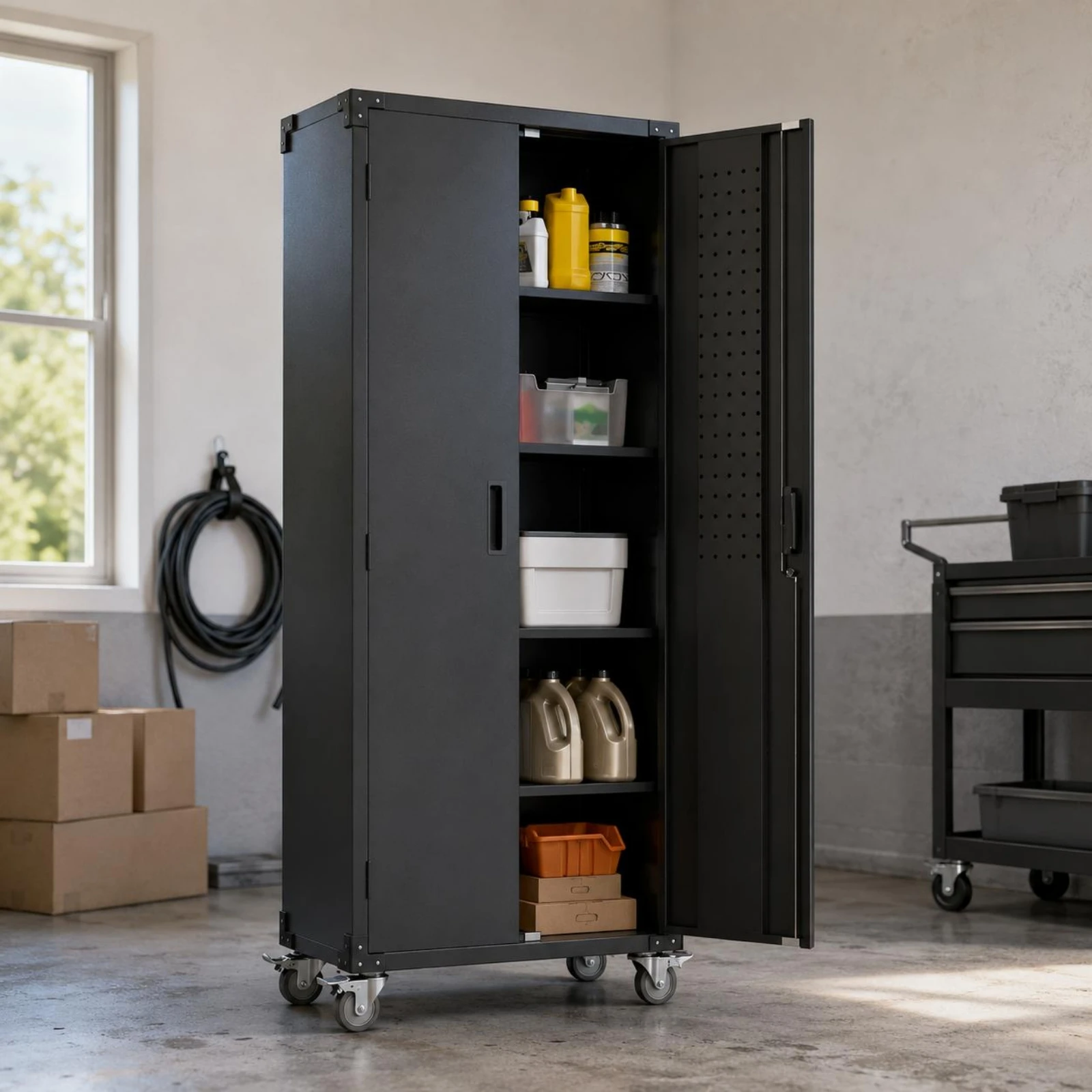 Metal Storage Cabinet Lockable Casters Rolling Storage Cabinet Household Organizer Removable Shelves Black for Office, Home