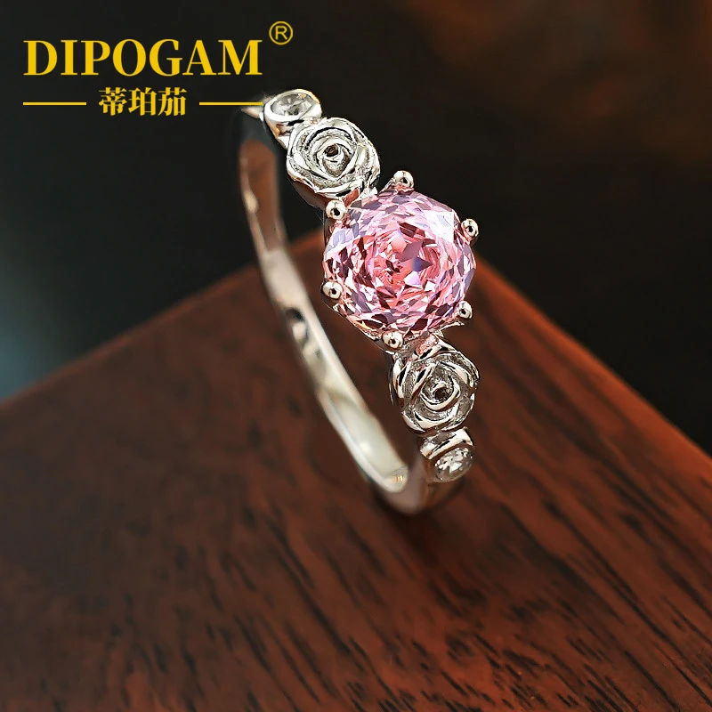 

DIPOGAM Papalacha Pink Orange S925 Pure Silver Round Diamond Ring Millennium Rose Cutting Romantic Gentle Couple Ring