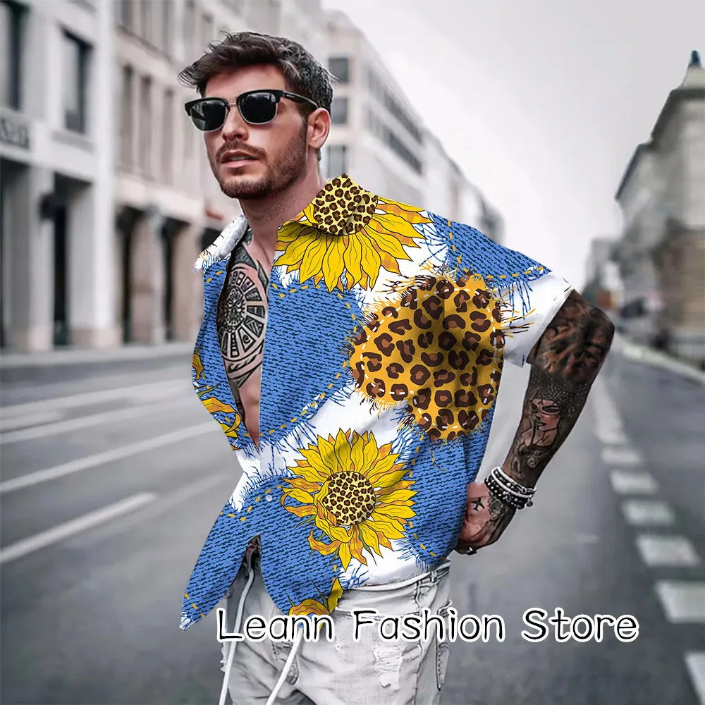 

Men Summer Sunflowers Leopard Shirt Male Fashion Daily Short Sleeve Clothing Beach Style Streetwear Hawaiian Vacation Shirt