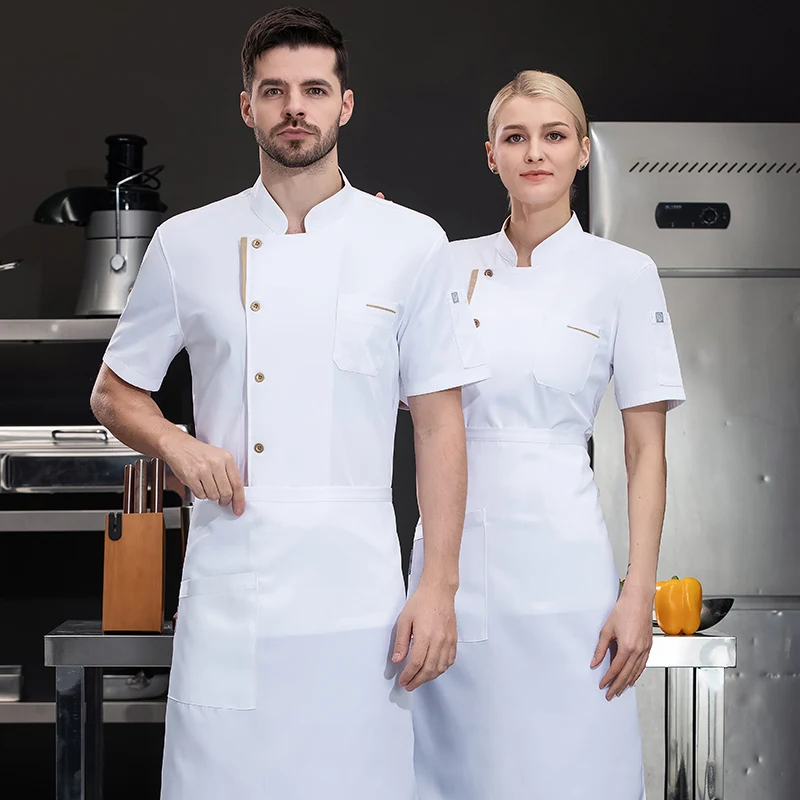 Tablier d'uniforme de chef à manches courtes pour hommes, veste d'objectifs de chef d'été, manteau de chef respirant, vêtements de travail de cuisine de restaurant, logo noir