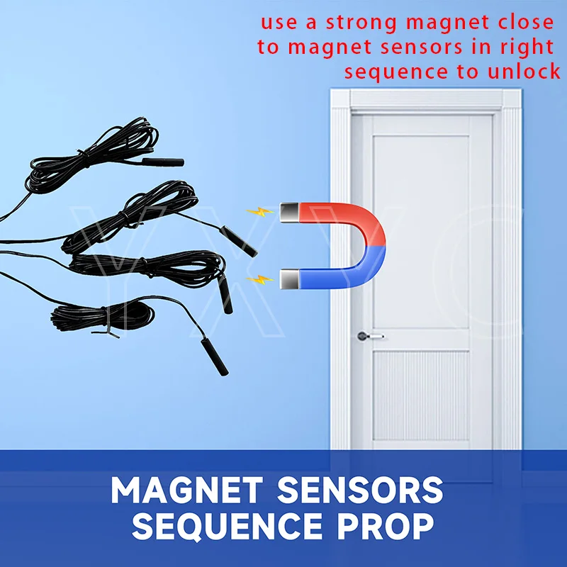 Magnetic sensors can simultaneously or sequentially trigger escape items in the room Use magnets to approach the magnetic sensor