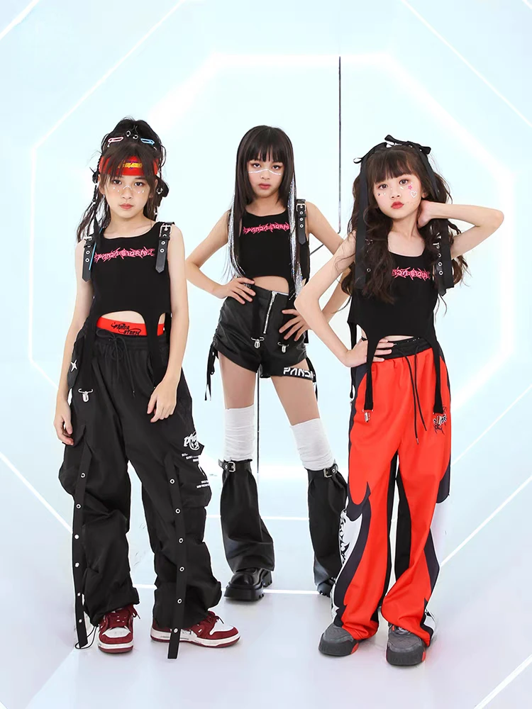 

New Girls Street Dance Clothes Suit Black Vest Pants Hip Hop Performance Clothes Set Group Drum Concert Stage Outfits Streetwear