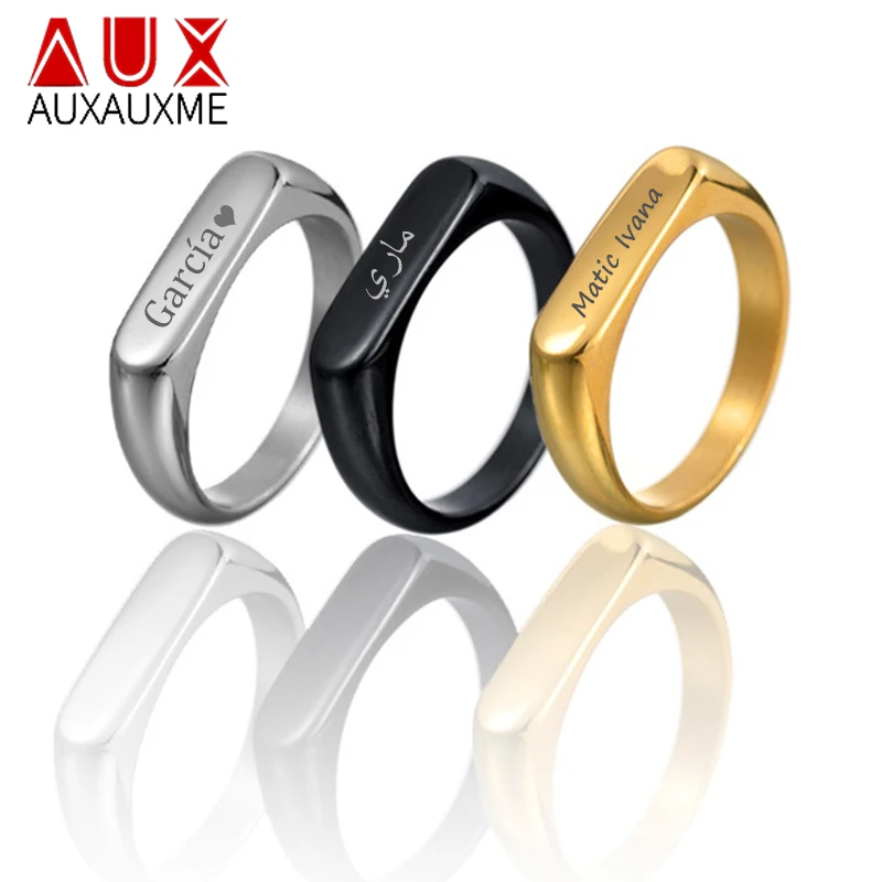 

Auxauxme Custom Name Rings for Women Men Stainless Steel Personalized Laser Engrave Text Signature Handwriting 4mm Ring Jewelry