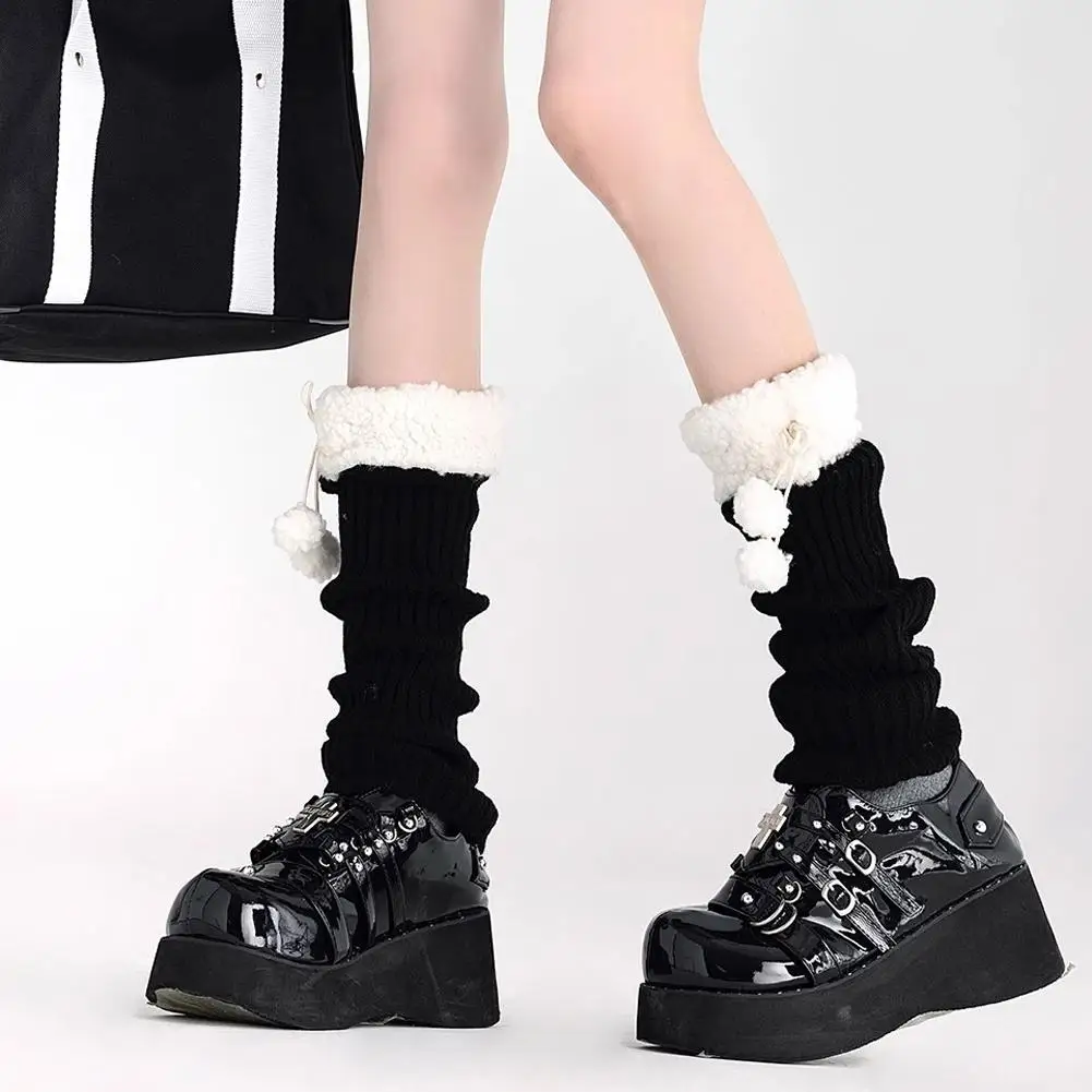 جوارب لوليتا لتدفئة الساق على الطراز الياباني من صوف الضأن مع جوارب بوم بومس JK عصرية قابلة للتكديس للنساء والفتيات