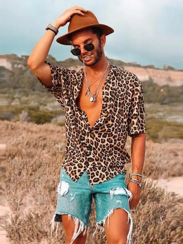 

Летний повседневный ор Све с принтом, мужской открытый кардиган свободного покроя с цветочным воротником, молодежный свободный кардиган с леопардовым принтом