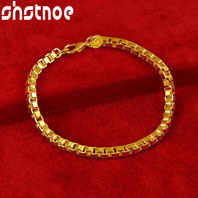 

SHSTONE 24K Gold Color Men 4mm Box Chain Bracelets For Woman Lady Party Wedding Birthday Gift Fashion Fine Bangle Jewelry