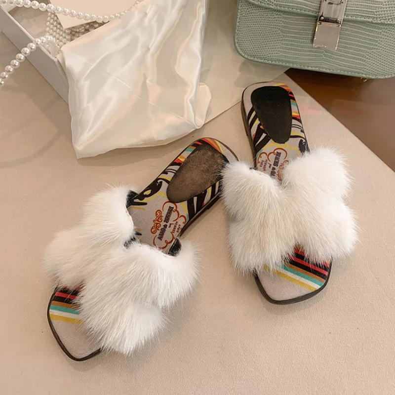 Black White Red Mink Fur Flat Slipper Butterfly Shape Floral Printing Fabric Peep Toe Women Leisure Winter Fur Slide Shoes