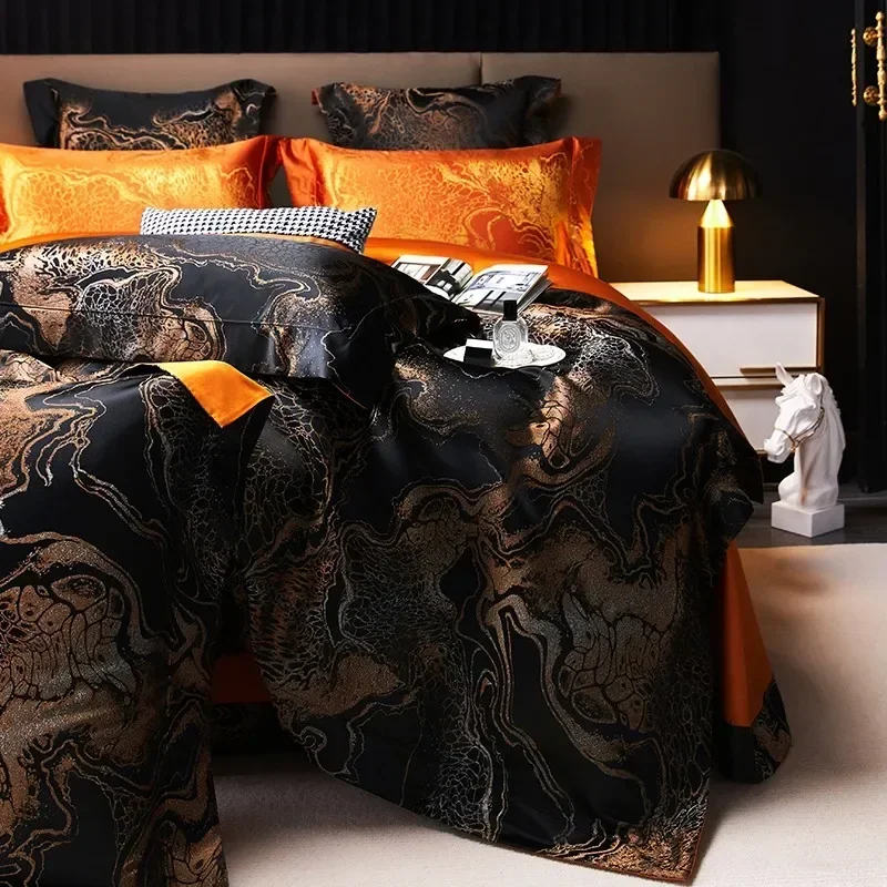 Royal Black Gold Satin Duvet Cover Set Egyptian Cotton Silky Shiny Black Comforter Covers Zipper Closure Bedding Sets Bed Sheet