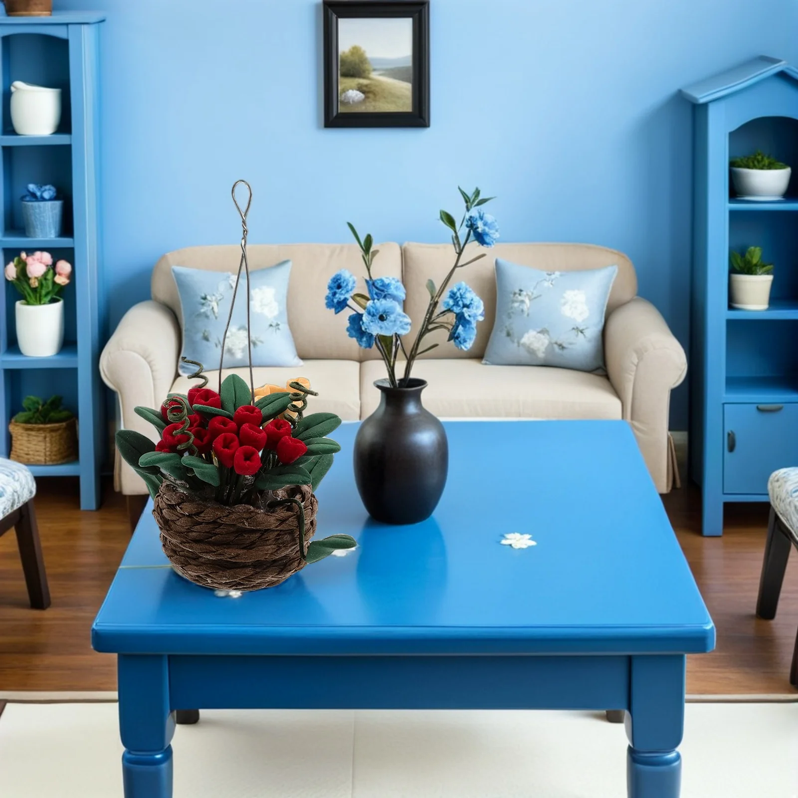 Decorações para casa em miniatura, mini modelos de plantas em vasos, escala 1:12, cesta suspensa, pequenos ornamentos de vegetação falsa, casa de bonecas mini