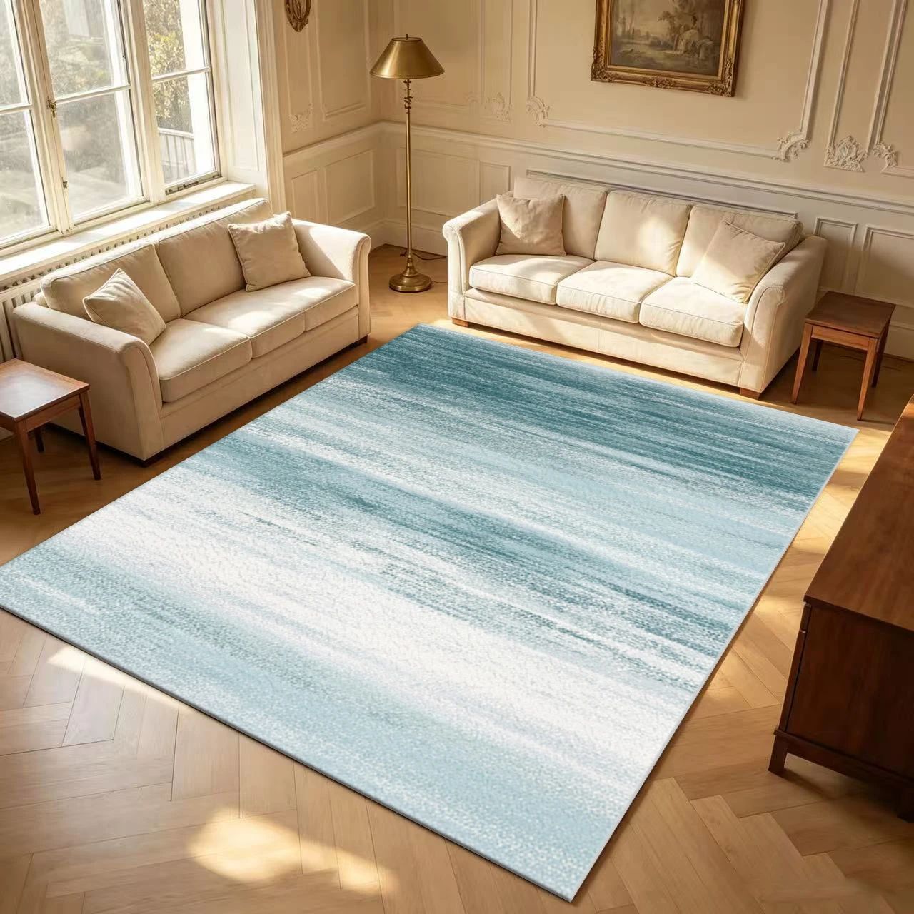 Teal Gradient Vertical Brush Stroke Carpet Flooring Soft Watercolor Texture Large Area Rug for Bedroom Interior