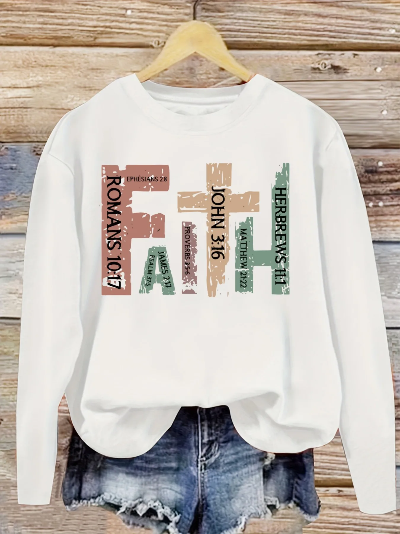 Women's Casual Long Sleeve Crew Neck T-Shirt Faith Bible Verse Graphic Print Design, Round Neck Women's Clothing, Machine Washable, Slightly Elastic, Loose Fit, Spring Autumn Winter Women's T-Shirt, Halloween Costume Outfit view 5