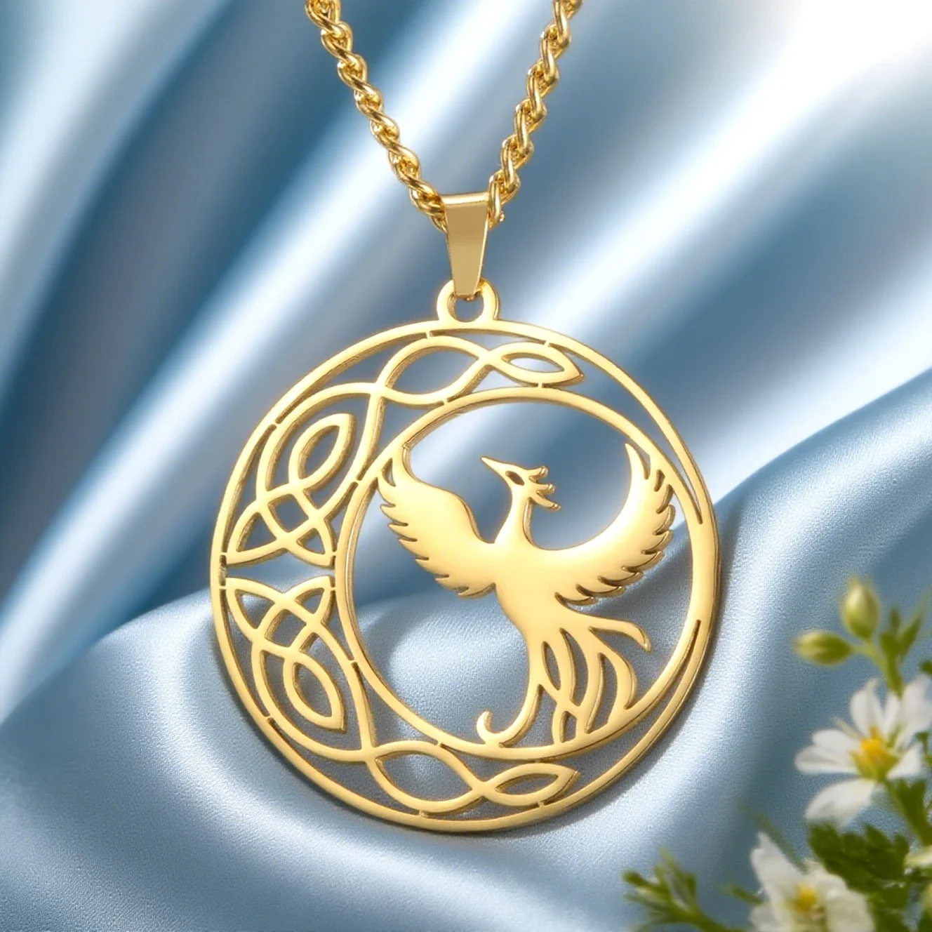 Dawapara Mythological Animals Phoenix Necklace Powerful Totem Celtics Crescent Moon Protection Amulet Stainless Steel Jewelry