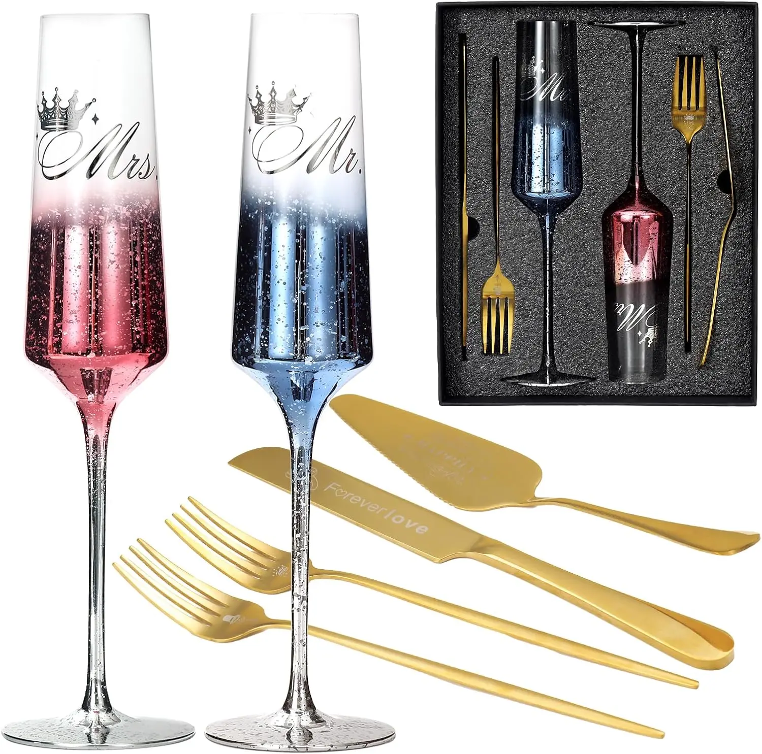 

Wedding Cake Knife & Server Set, Champagne Flutes & Forks for Bride and Groom
