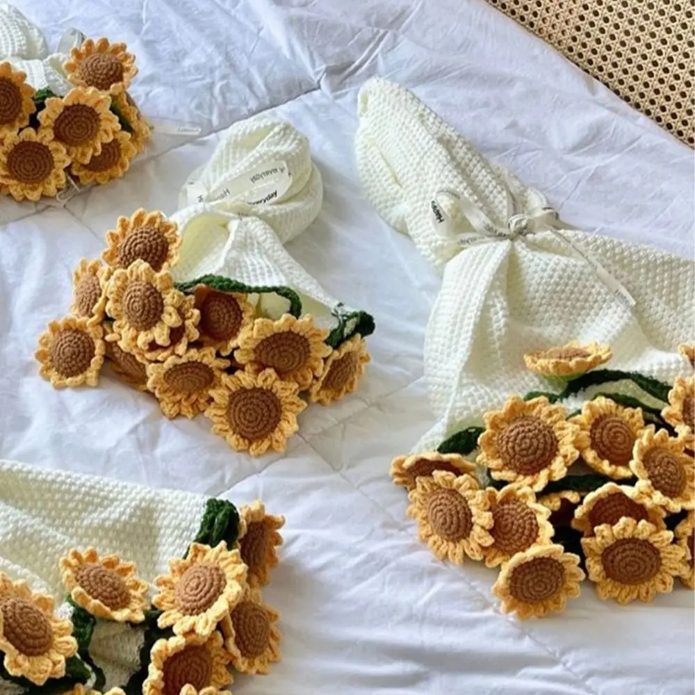 Crochet Rose Bouquet Blanket Fashion Finished Flower Bouquet Blanket Sunflower Carnation DIY Craft Artificial Knitted Blanket