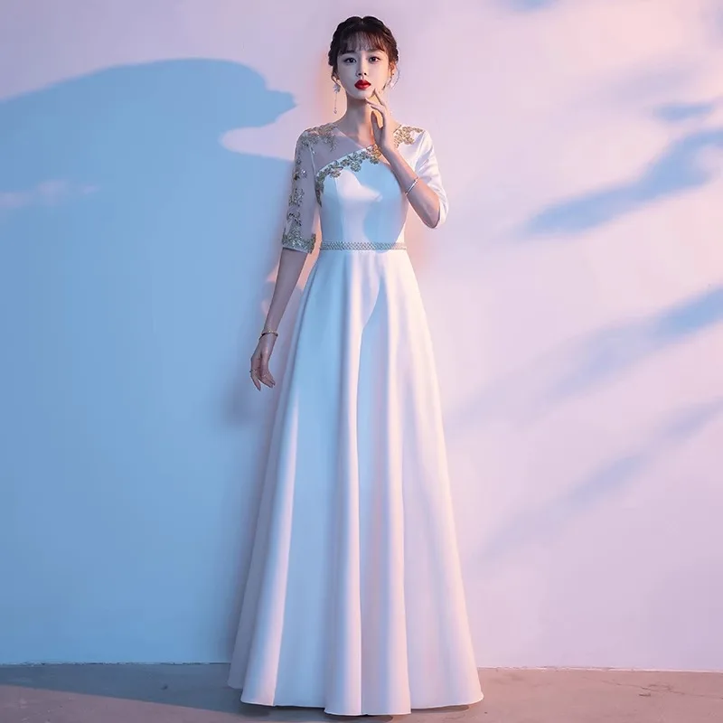 Women Sexy V-Neck Qipao Lace Splice Dress Team Performance Costume Oversize Fashion Elegant Cheongsam Chinese Bride Wedding Gown