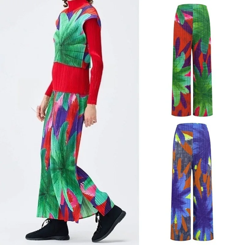 

Miyake плиссированные женские широкие брюки с принтом, свободные повседневные брюки с высокой талией и драпировкой, брюки с цветочным принтом, облегающая одежда в отпускном стиле