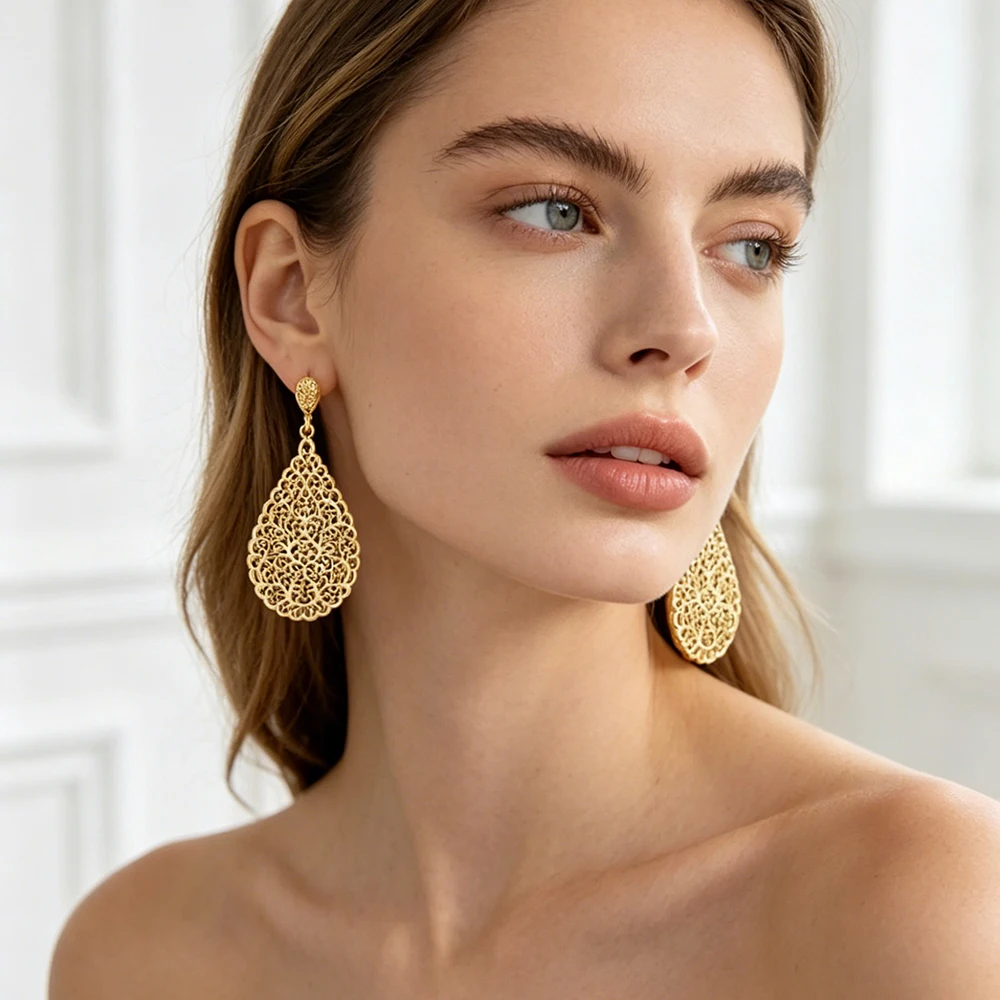 Sunspicems Elegant Bohemia Earrings For Women Hollow Filigree Drop Earring Festival Jewelry