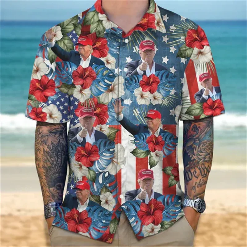 Camisas hawaianas con estampado 3D de Donald Trump para hombre, ropa de calle de manga corta con solapa, blusa informal de gran tamaño, tendencia