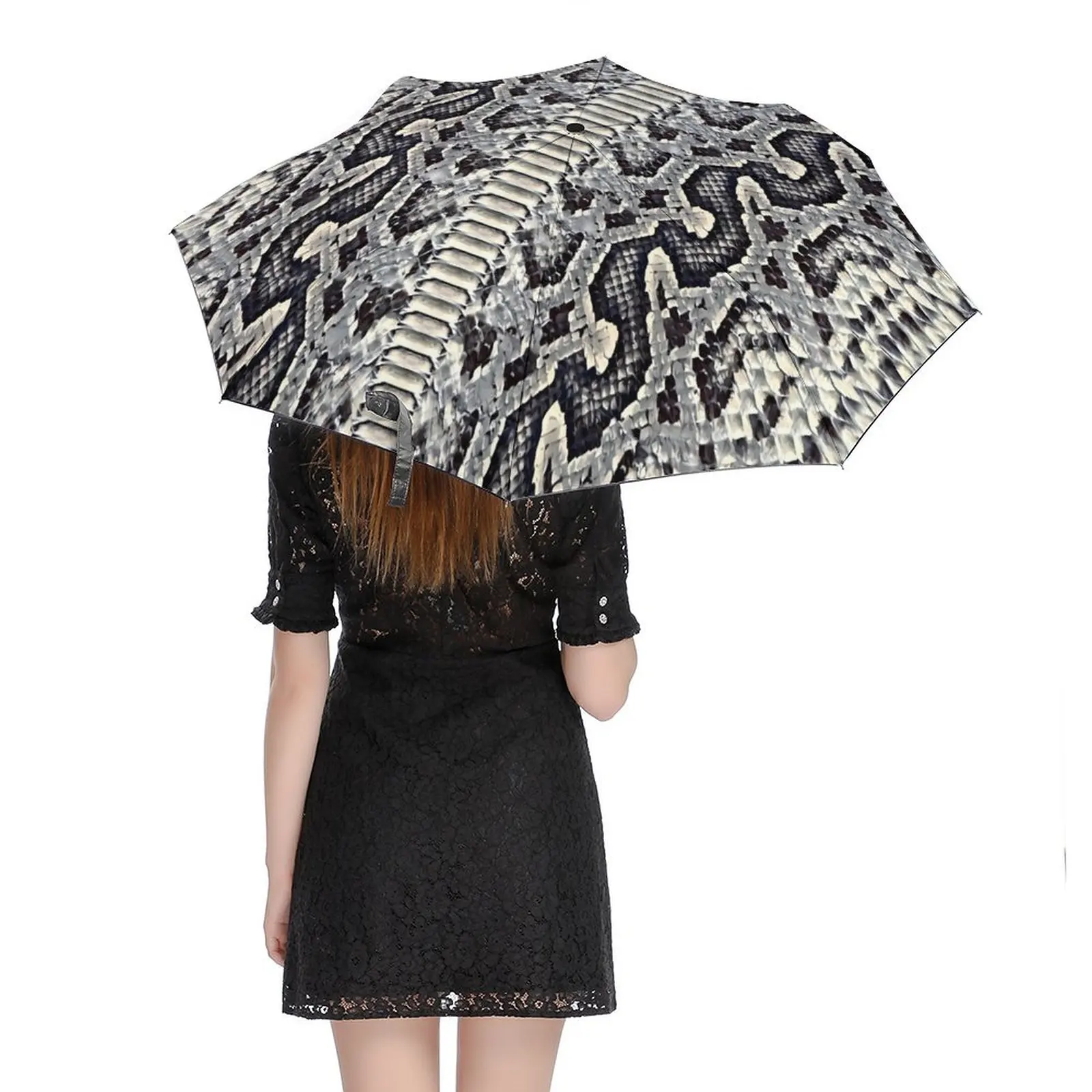 Grey Snakeskin Umbrella Animal Print Stylish Folding Umbrella Painting Rain Waterproof Automatic Umbrella