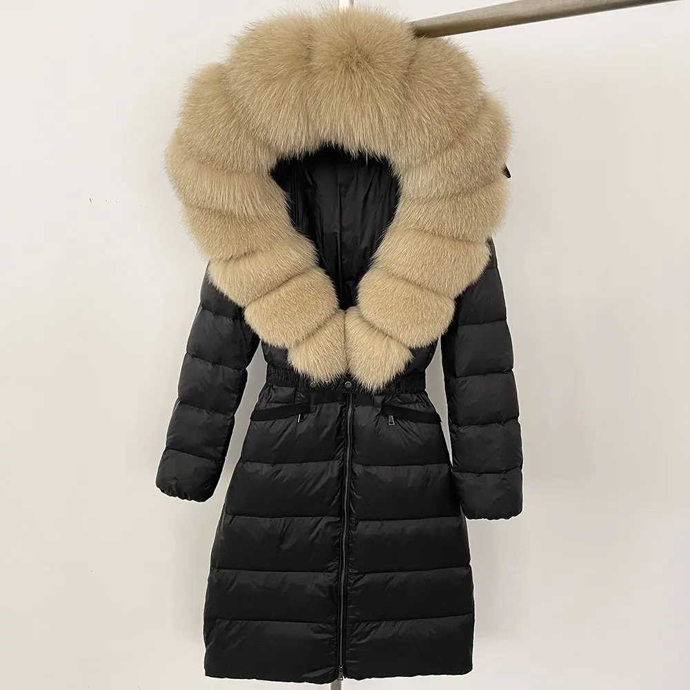 New White Duck Down Coat Hooded Thick Warm Real Natural Fox Fur Collar Streetwear Female Long Winter Puffer Jacket Women