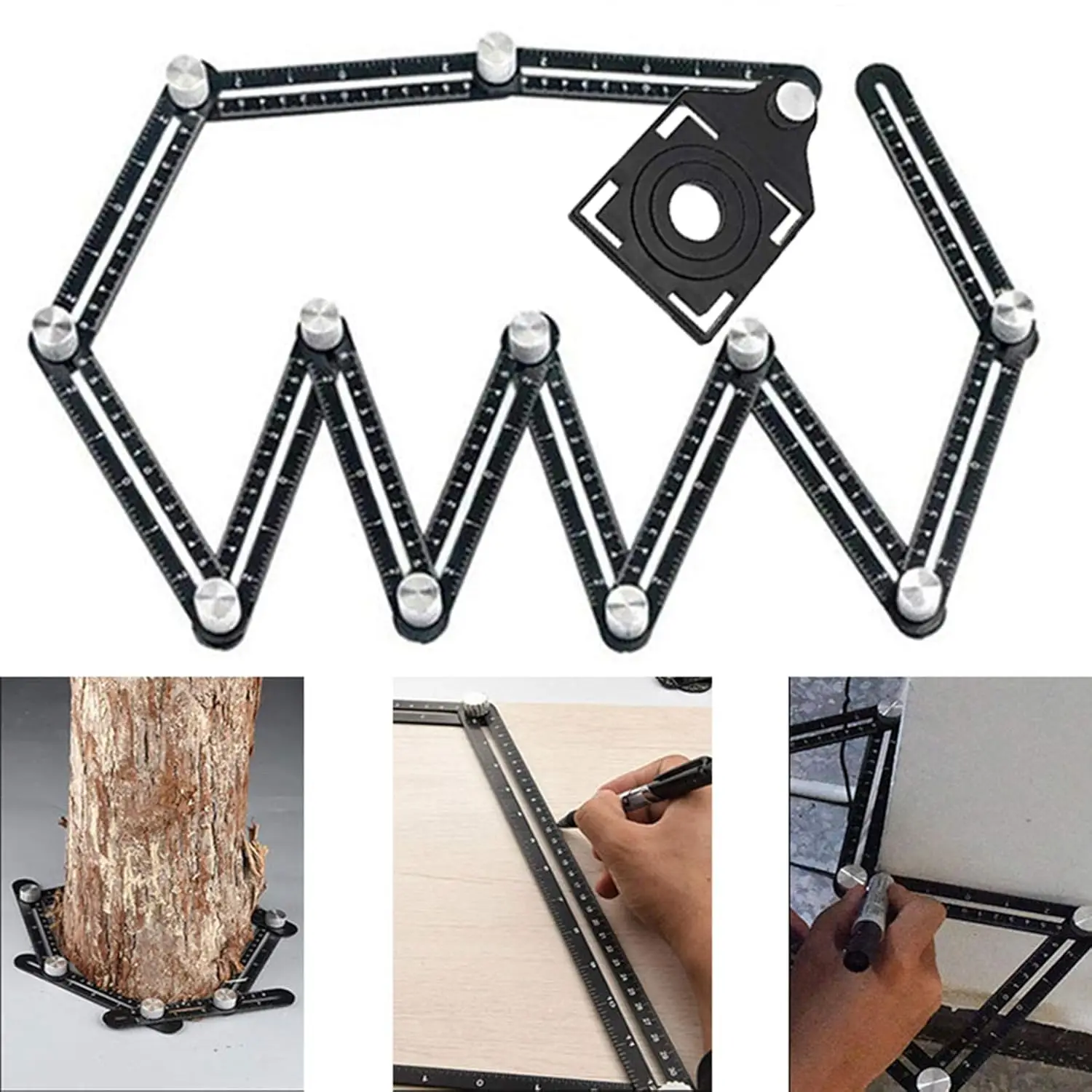 

Multi-Angle Measuring Ruler, 12-Sided Tile Hole Tool with 3-Hole Positioning, Metal Black Upgrade