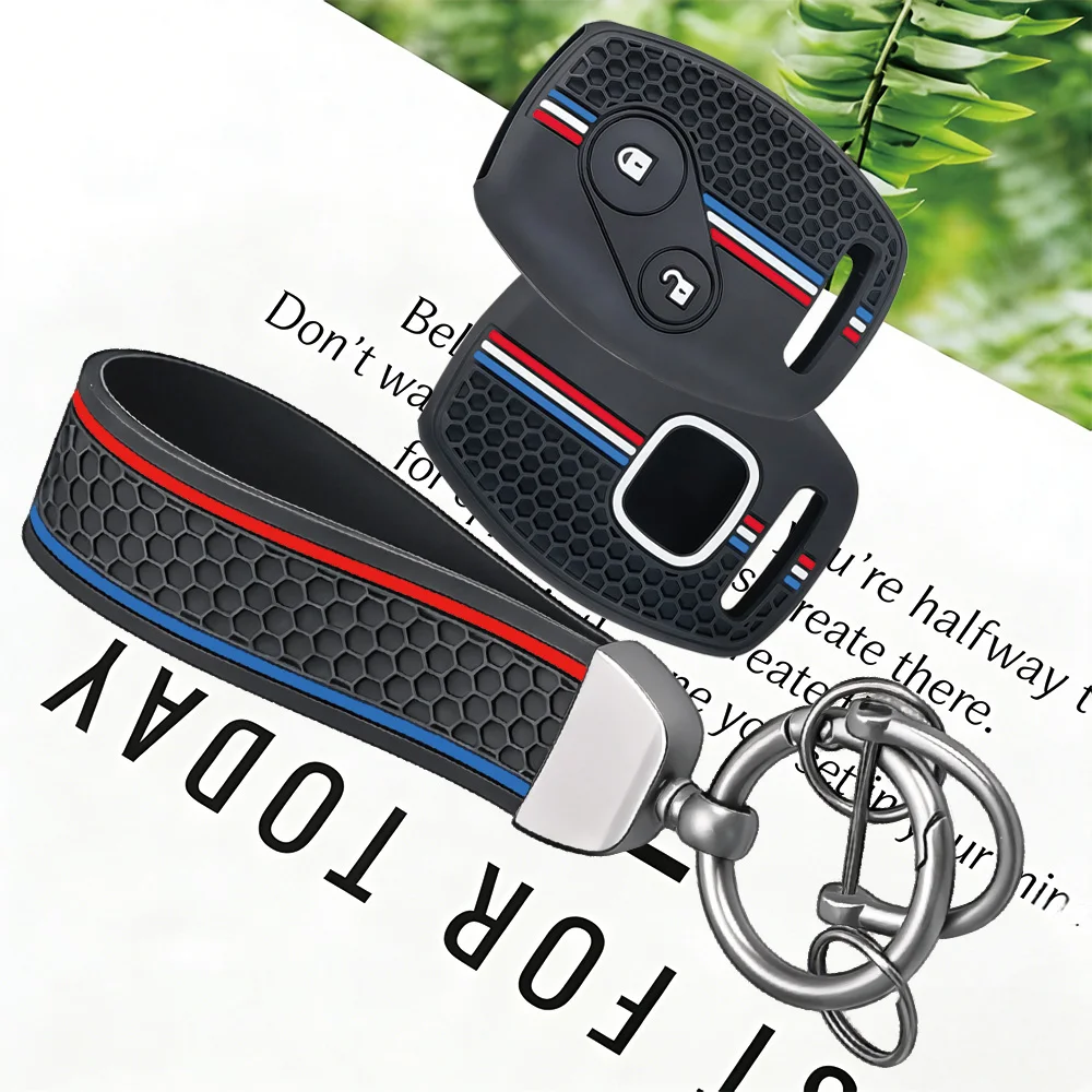 Racing Tricolor Stripes Silicone Key Fob Cover With Keychain For Honda Fit CIVIC JAZZ Pilot Accord CR-V Freed StepWGN Insight