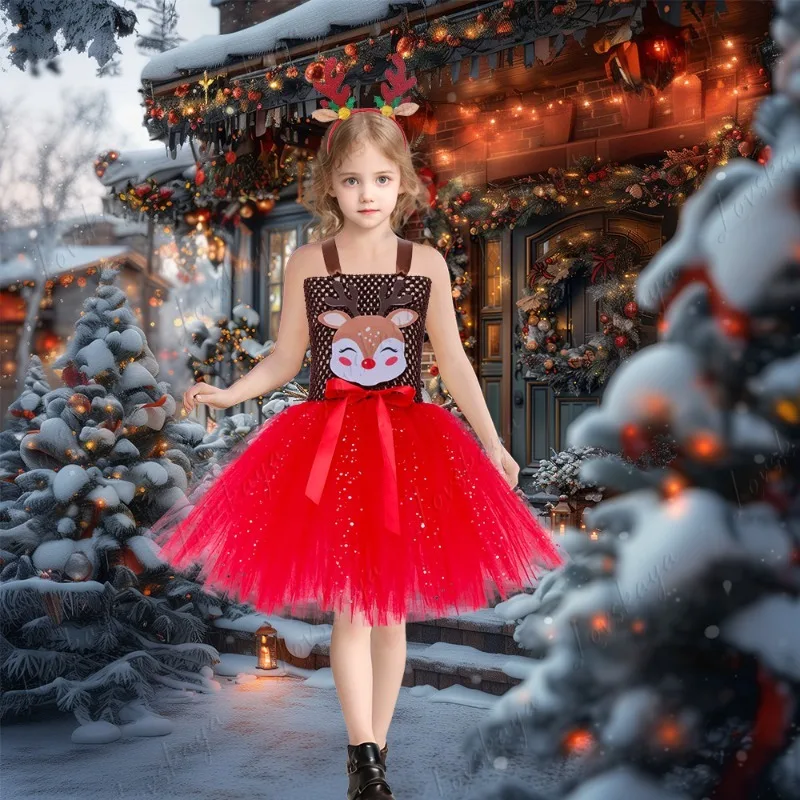 

Рождественский комплект платья с пышными рукавами и оленями для девочек, детский костюм для выступлений, прозрачное платье для детей, рождественская вечеринка