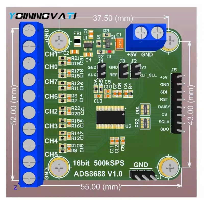 ADS8688 8-Channel 16-Bit ADC Module, 500kSPS Sampling Rate, Unipolar & Bipolar Analog Input DAQ