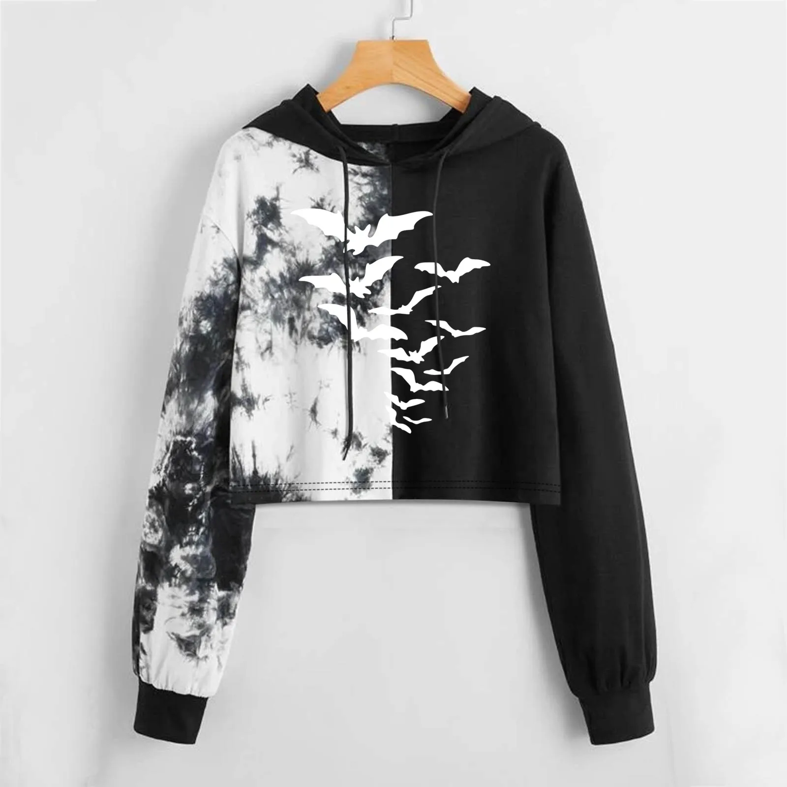 

Ladies Gothic Style Long Sleeve Pullover Tops Skeleton Letter Graphic Print Tie Dye Drop Shoulder Sleeve Drawstring Hoodies