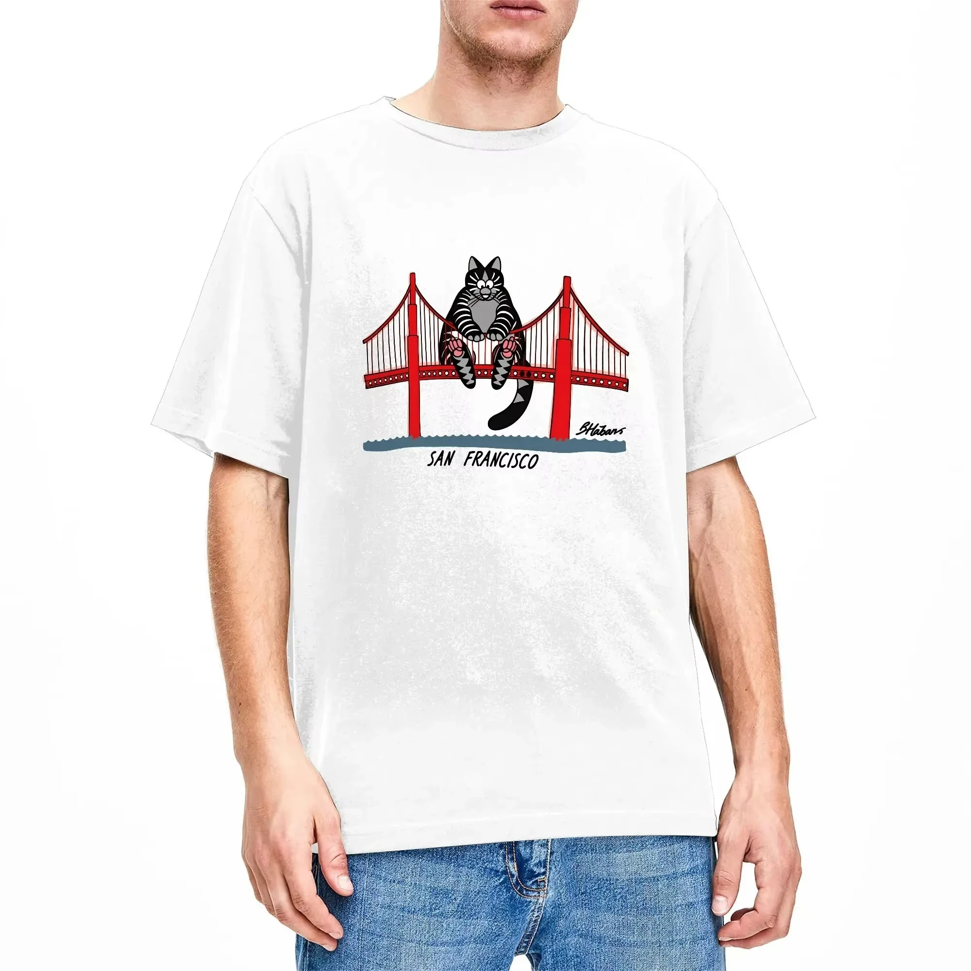 Cat On Golden Gate Bridge San Francisco Graphic Tee Shirt O Neck Short Sleeve Cotton Tee
