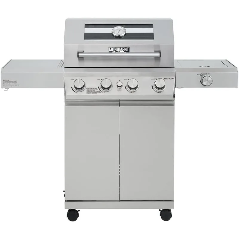 Monument Grills Larger 4-Burner Propane Gas Grills Stainless Steel Heavy-Duty Cabinet Style with Knob Controls Side Burner Mesa