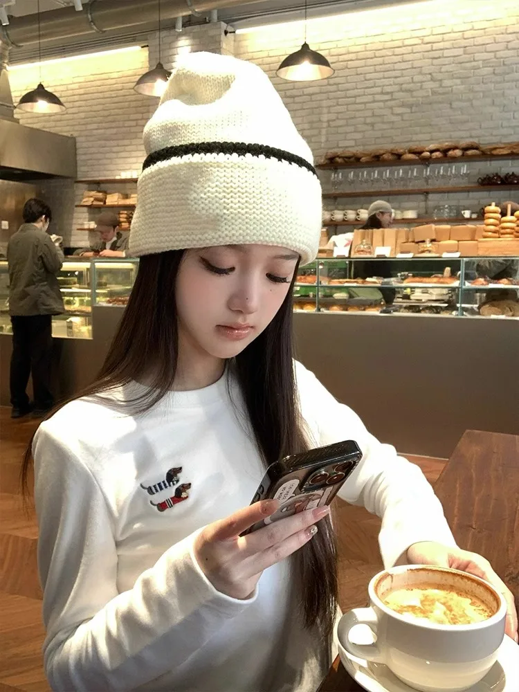 Cute Embroidered Dachshund Dog Long Sleeve Women's Slim Fit Base Shirt Korean Style Commute Fashion Winter T-Shirt Top