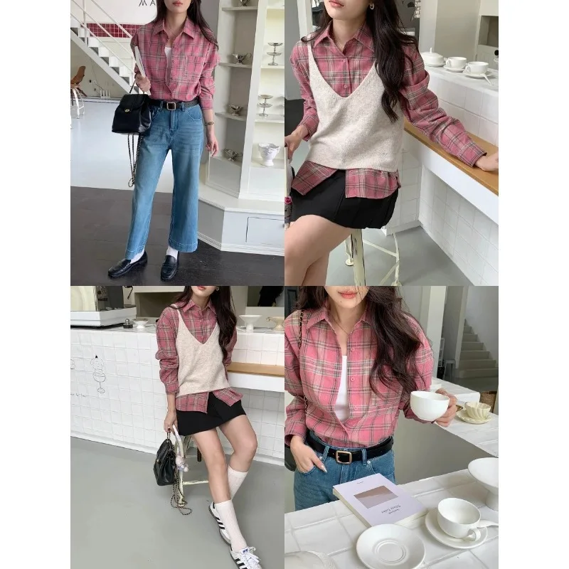 

Early Autumn New Lazy Style Atmosphere Contrasting Plaid Shirt Layered