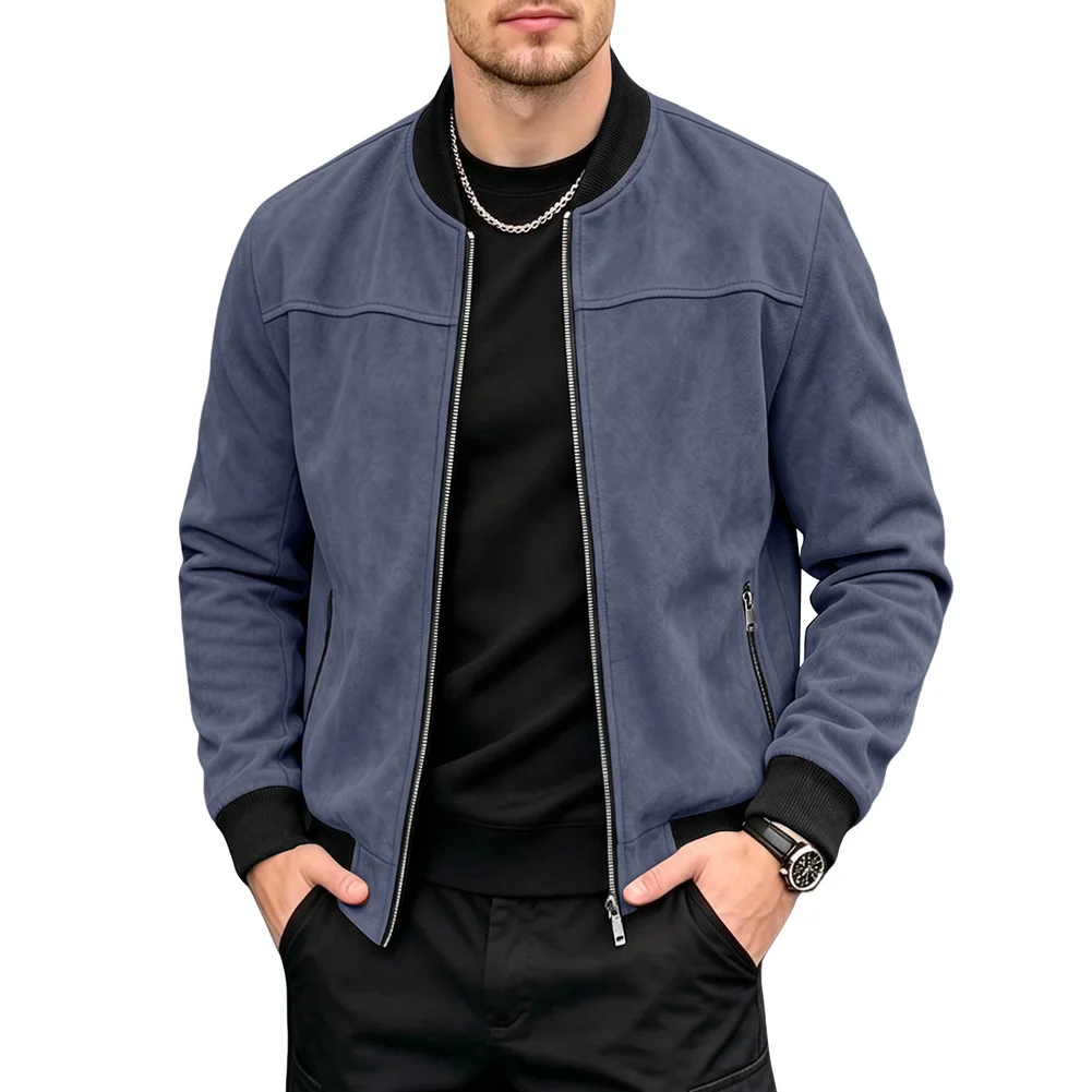 Long Sleeve Coat Men Suede Jacket For Spring Autumn Season 95 Polyester 5 Spandex Solid Color Pattern Regular Clothing Length