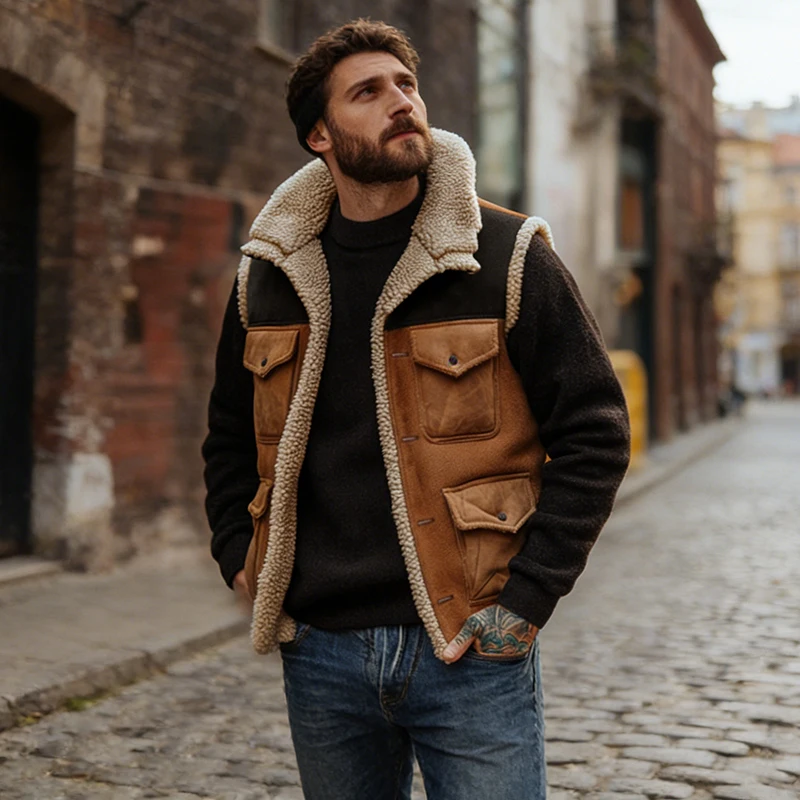 Casual Sleeveless Button-up Waistcoats For Mens Fall Winter Warm Wool Outerwear Men Vintage Multi Pocket Patchwork Suede Jacket