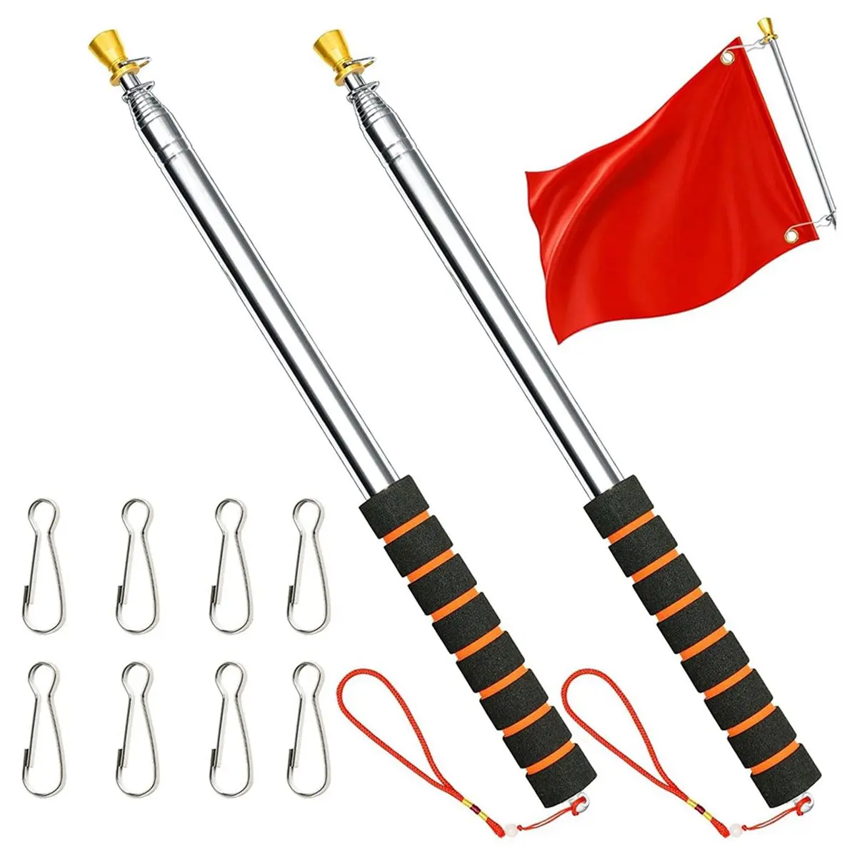 2026 NEW 3 Meters Telescopic Flag Pole, Handheld Retractable Flagstick with 4 Clips, Anti-Slip Handle for Camping Guide Events