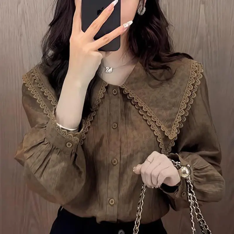 Simplicity Fashion Autumn New Women Solid Peter Pan Collar Lace Single Breasted Temperament Sweet Loose Long Sleeve Shirts Tops