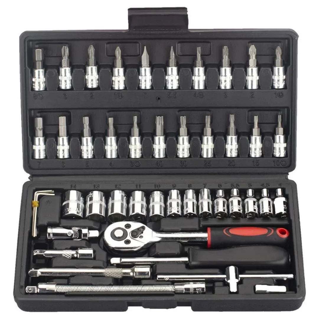 

46PCS 1/4 inch Drive Socket Set,Metric Ratchet Wrench Set with 4-14mm CR-V Sockets, Mechanic Tool Kits for Household Auto Repair