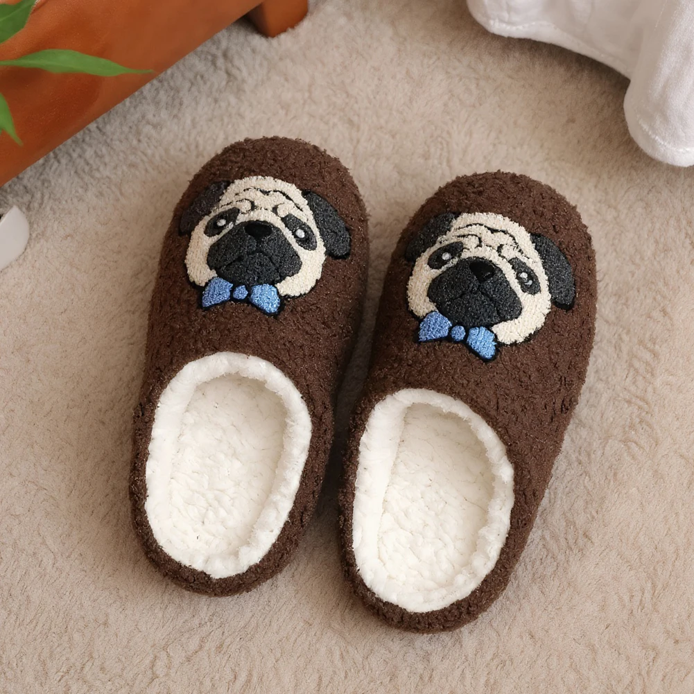 Pug Pattern Flat Thermal Slippers Anti Slip Comfortable Furry Slippers Thick-Soled Warm Slip- House Shoes Gift for Friends