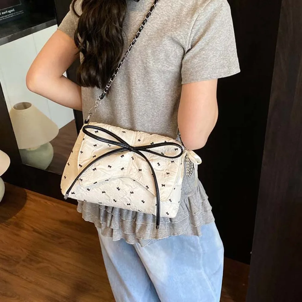 

Sweet French Chain Bag Contrast Color Ribbon Pendant Bow PU Shoulder Pouch Texture Large Capacity Women Crossbody Bag Work