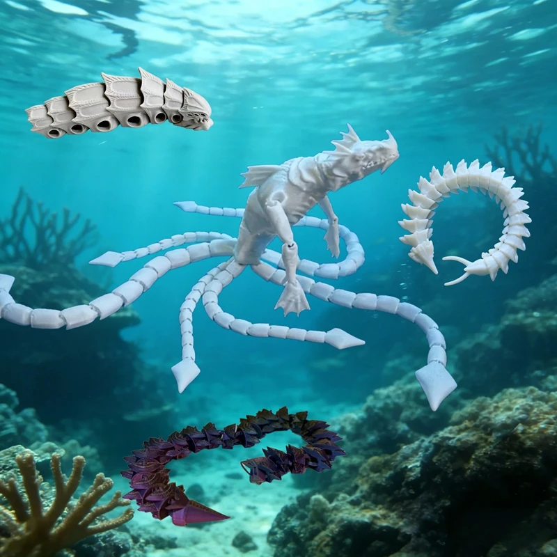 Articulated Sea Dragon Figure 3D Printed Deep Sea Monster Poseable Tentacle Creature Desk Decor Home Office Shelf Collectible view 2