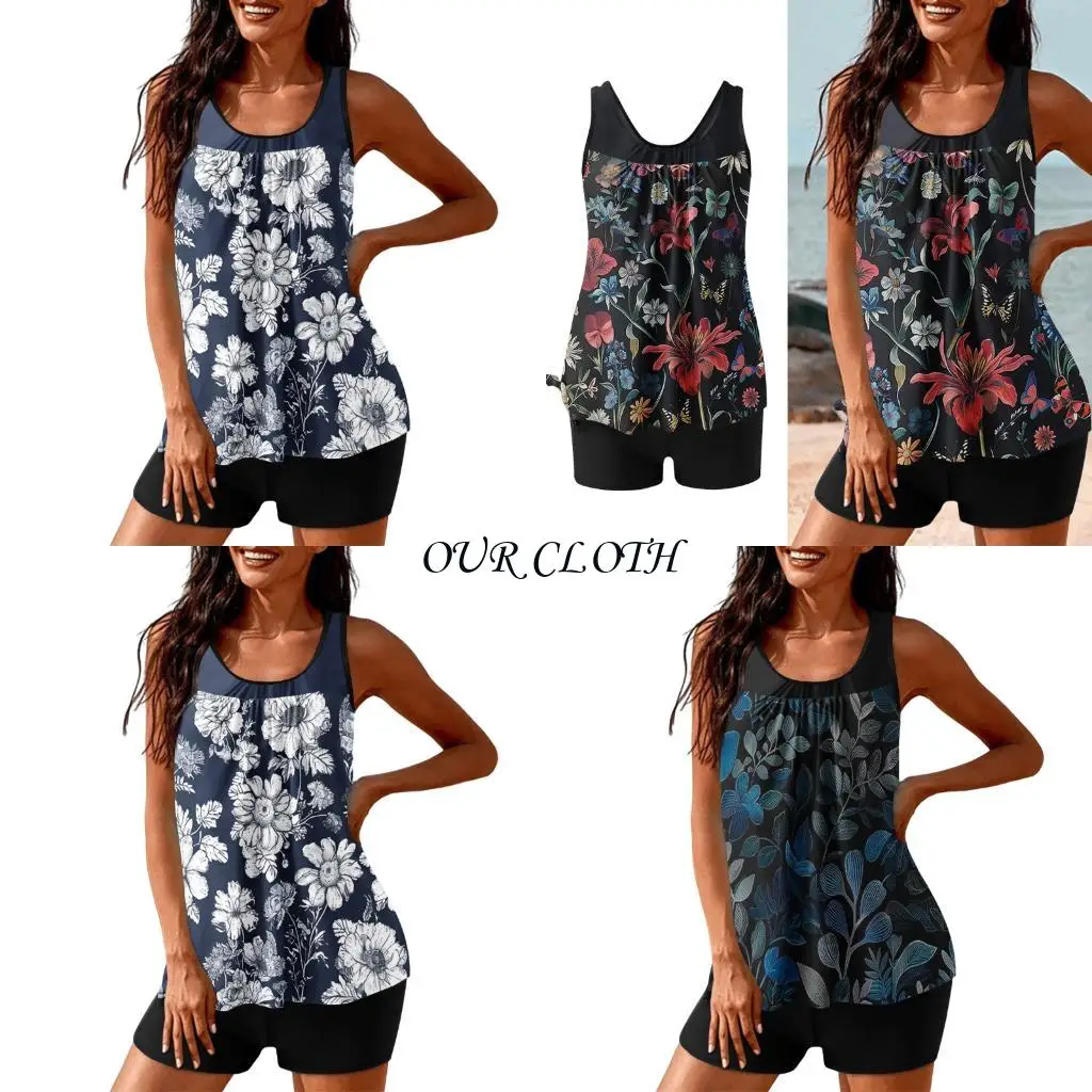 Women's Two Piece Swimsuit European Pattern Print and Comfortable High Neck Ruched Design for Water Activity Y1AC